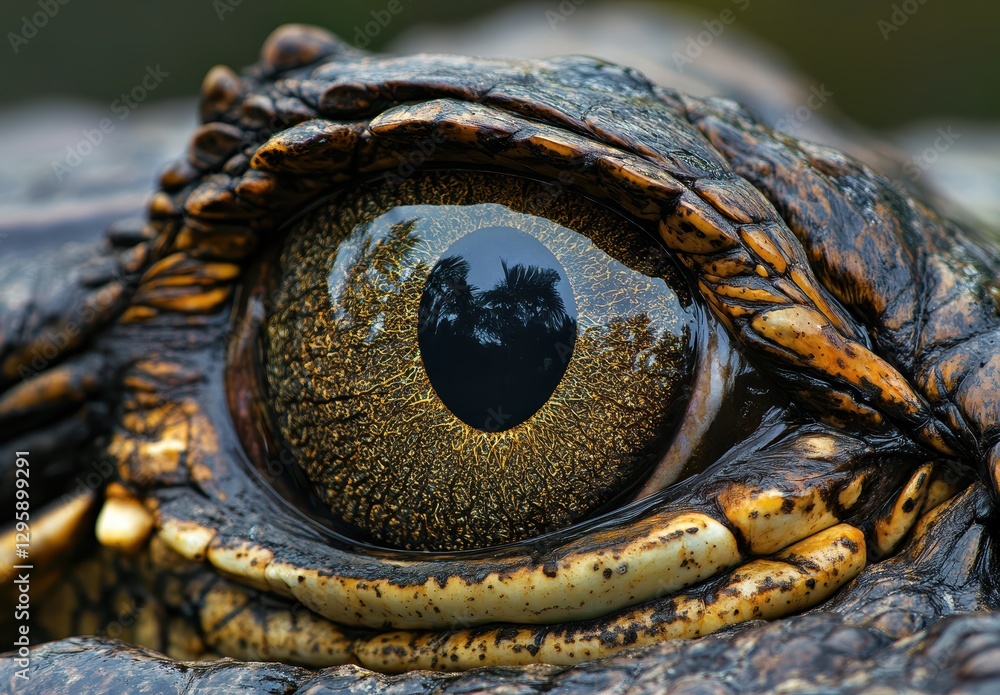 Poster close-up of a wild alligator eye with unique textures and reflections in nature's setting, showcasin