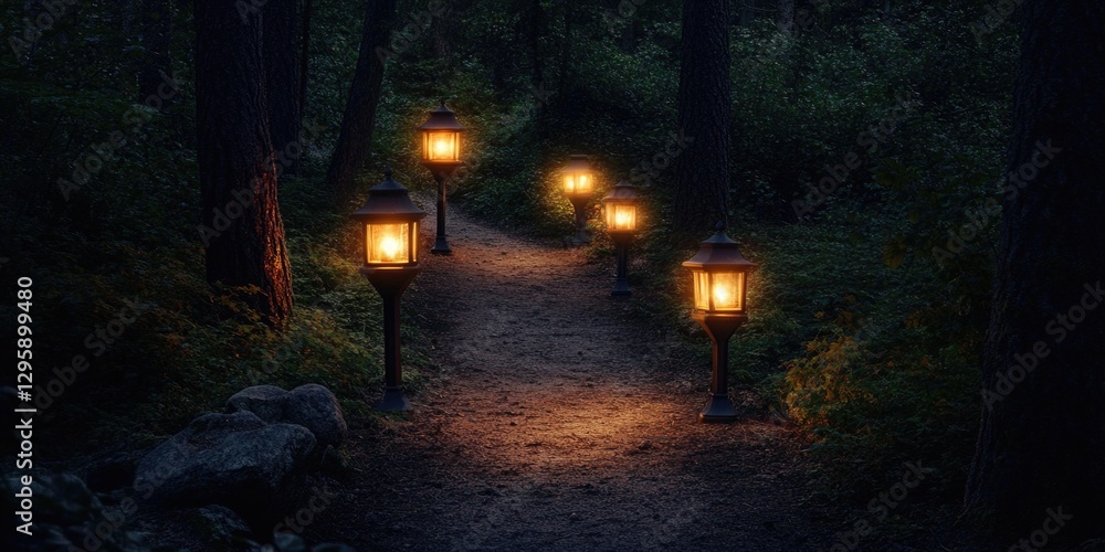 Poster a trail in the woods is illuminated by four lanterns, creating a warm and inviting atmosphere. the l