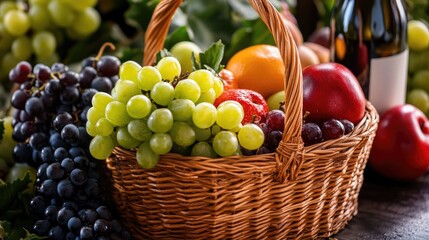 Colorful fruits in a woven basket, ready for sale or consumption. Organic and natural produce from a vineyard.