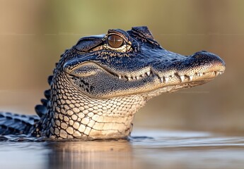 Fototapeta premium Close-Up of a Young Alligator Emerging from Calm Waters with Reflective Eyes and Textured Scales Under Soft Natural Light