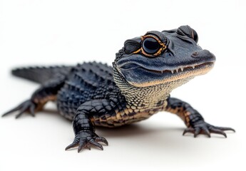 Fototapeta premium Close-up of a Young Alligator in Studio Setting Highlighting Textures, Features, and Colors on a Neutral Background