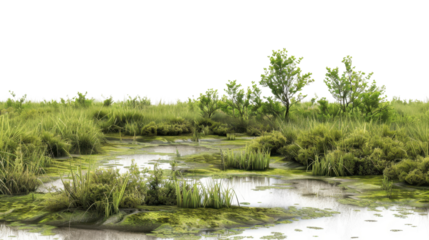 Swamp with green grass and trees on transparent background