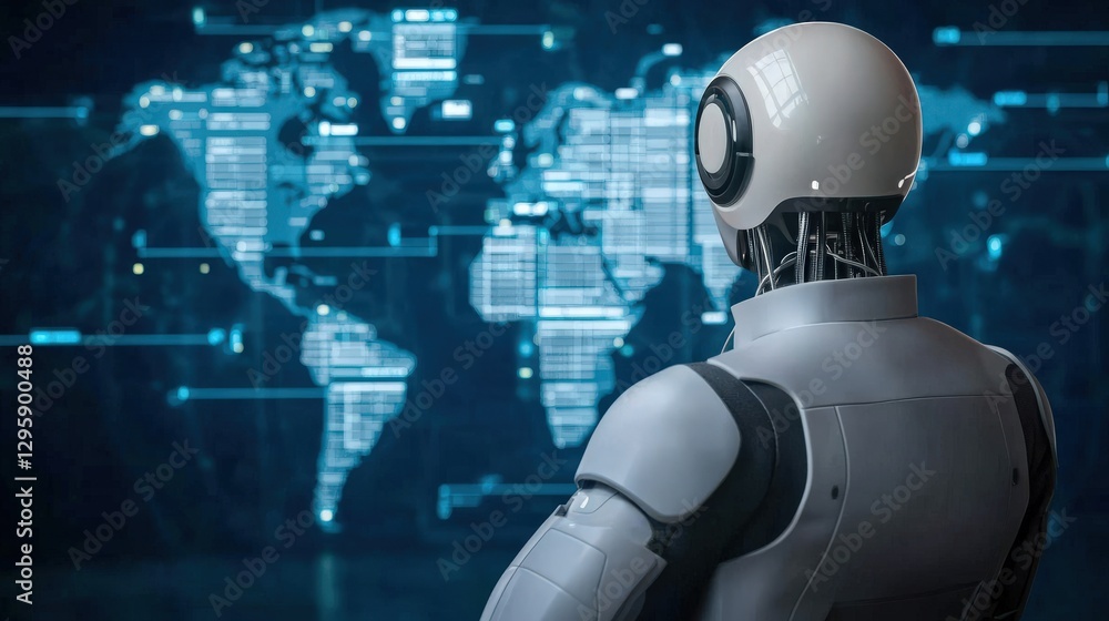 Poster legislation policy enforcement concept. robot observing digital world map with futuristic interface.