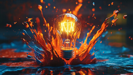 Bright light bulb surrounded by colorful paint splashes