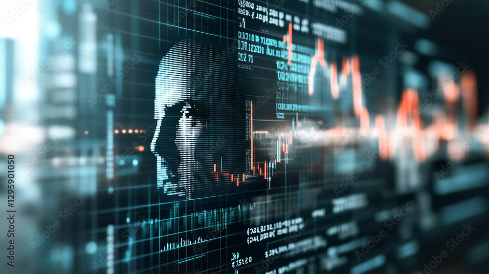 Poster ai's analytical gaze: an ai-rendered face merges with data visualizations of financial market analys