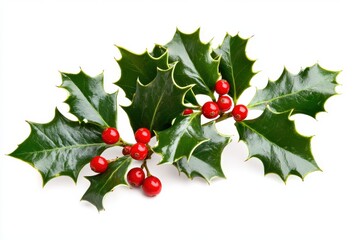 A festive arrangement of holly leaves and bright red berries, isolated on a white background