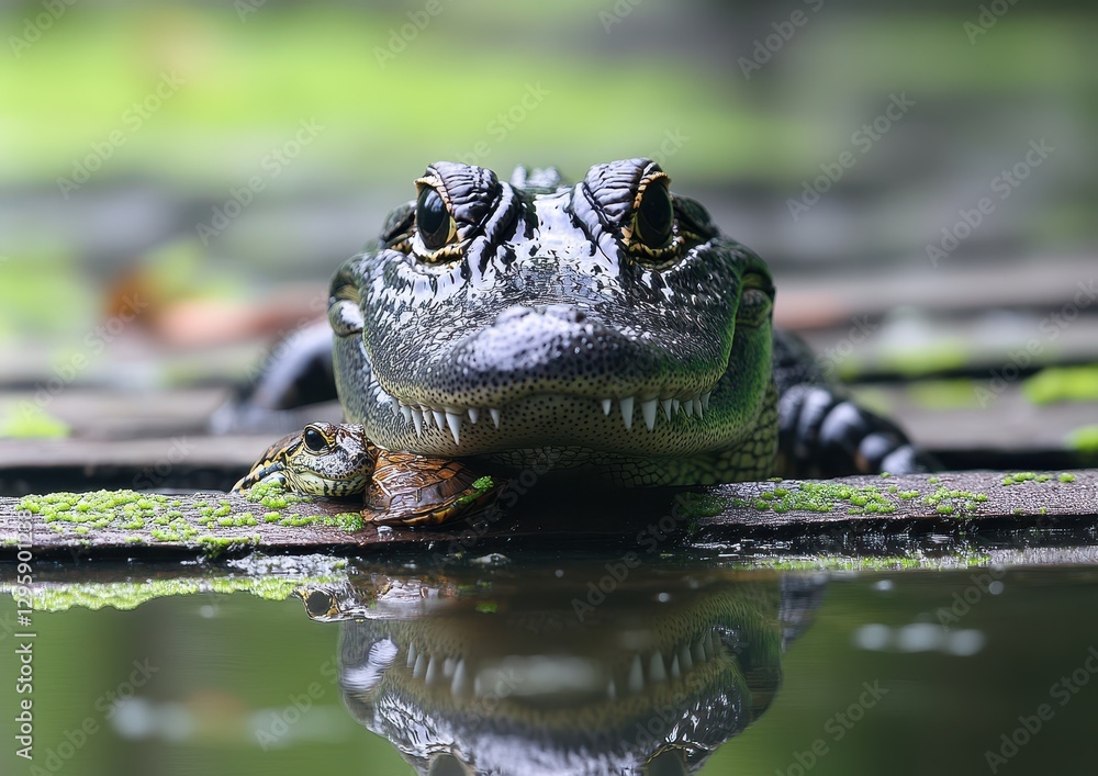 Poster close-up of alligator and turtle resting on logs in calm water surrounded by greenery and natural re