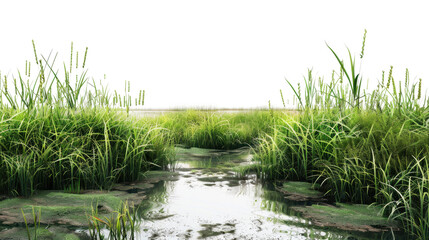 Swamp reflecting on transparent background with tall green grass growing on the shore