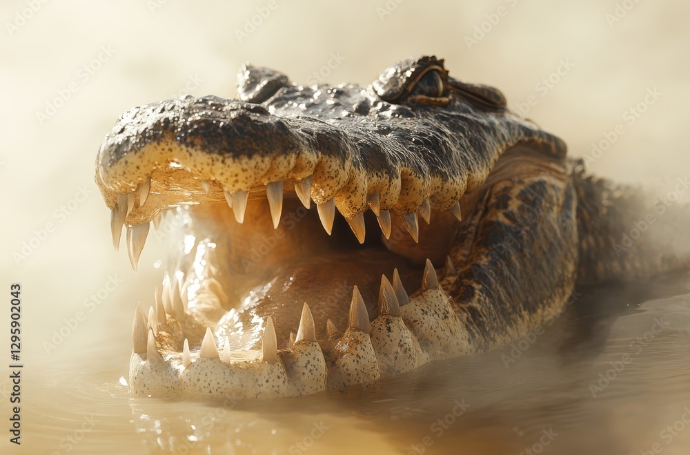 Aufkleber close-up of alligator emerging from misty waters highlighting powerful jaws and sharp teeth in a nat