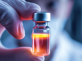 scientist holds glowing vial with experimental liquid