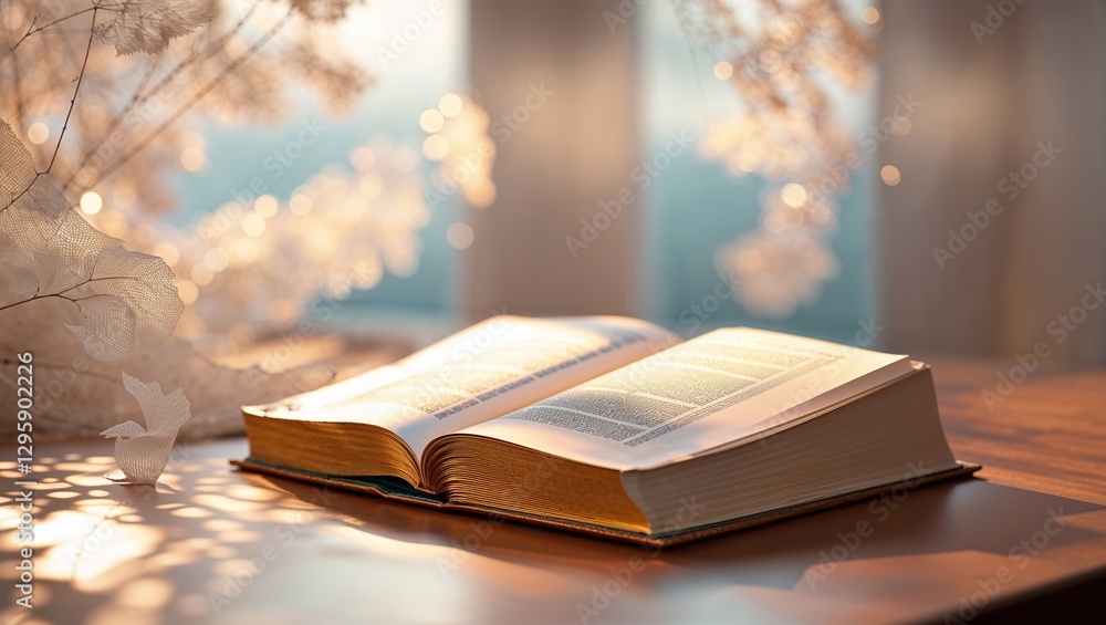 Poster open book resting on a wooden table by a window with soft sunlight filtering through white curtains