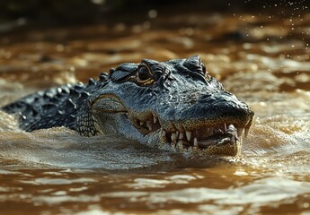 Obraz premium Close-Up of Alligator Emerging from Murky Water with Droplets Splashing Around in a Natural Habitat Setting