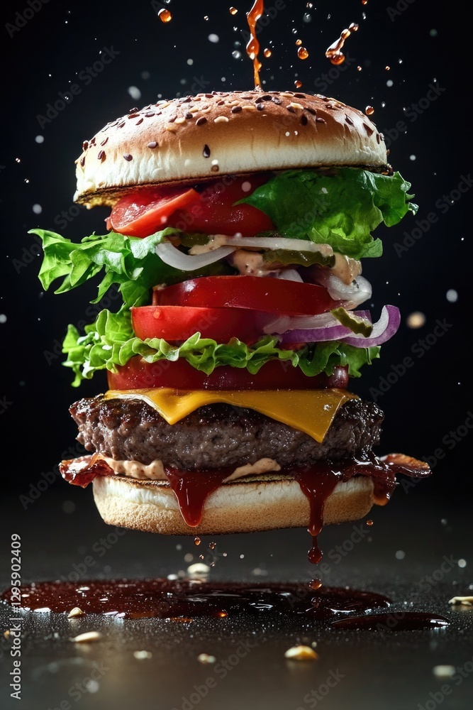 Poster a burger with a lot of toppings is shown in the air. the burger is covered in ketchup and mustard, a
