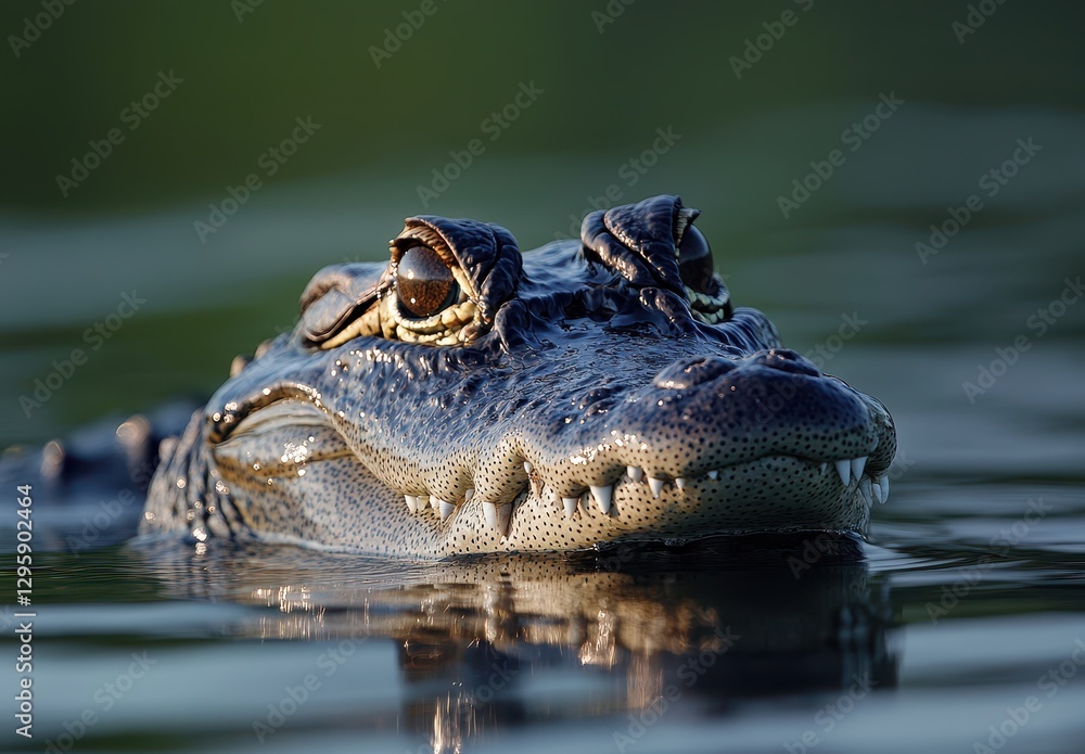 Poster close-up of alligator emerging from water surface with reflection and natural background in a serene