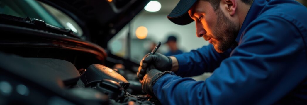 Professional mechanic inspecting car engine in auto repair shop