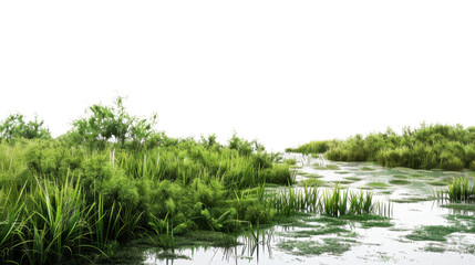 Lush vegetation growing in swampy wetlands with transparent background