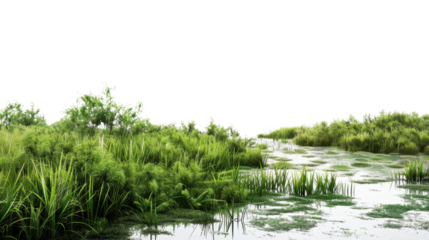 Lush vegetation growing in swampy wetlands with transparent background