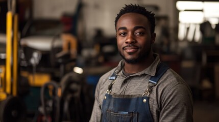 Confident young male mechanic in workshop smiling with tools, focused on craftsmanship, showcasing dedication and skill in a detailed automotive setting