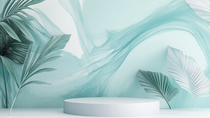 Minimal scene with podium and pastel blue background