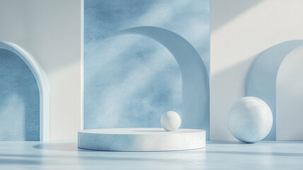 Minimal scene with podium and pastel blue decor