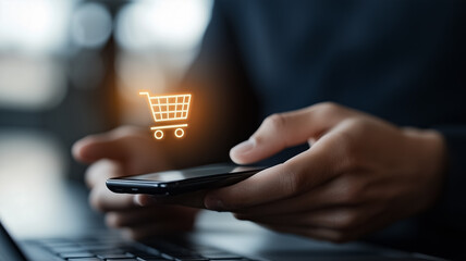 Mobile Shopping: A close-up shot of a person's hand holding a smartphone, with a shopping cart icon hovering above. The image conveys the ease and convenience of online shopping.