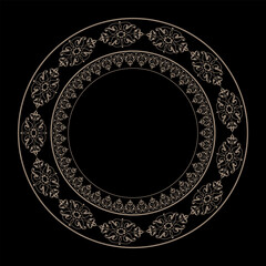 Golden plate with lace design on black background. Beautiful round frame arabesques. Vintage frame with arabesques. Pattern frame for round surface, household utensil, textile, embroidery, porcelain. 