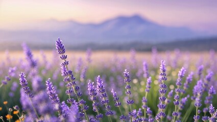Fototapeta premium Lavender field in bloom with mountains in the background during sunset