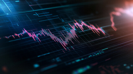 Digital Stock Market Graph: Abstract representation of dynamic stock market data displayed on a digital screen. The vibrant pink and blue lines fluctuate against a dark background.