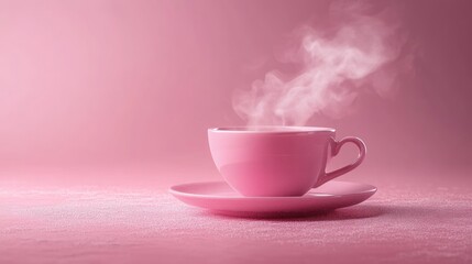 Fototapeta premium Pink teacup steaming, soft pink background
