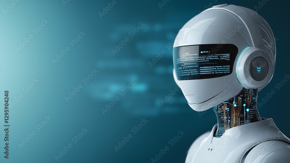 Poster ai's gaze into the future: a modern ai robot peers intently, hinting at the advanced capabilities an