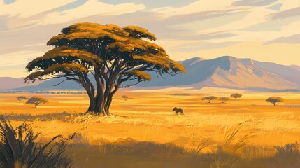Majestic African Landscape with Acacia Tree, Golden Grass, and a Lone Elephant Under a Beautiful Sunset Sky