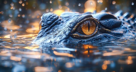 Close-up of Alligator Eye Surrounded by Water Ripples and Soft Bokeh Light Reflection in a Natural Habitat at Dusk or Dawn