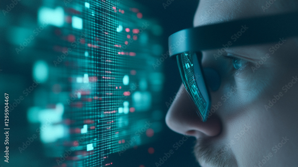 Aufkleber cybersecurity analyst at work: a focused cybersecurity professional examines complex data streams on