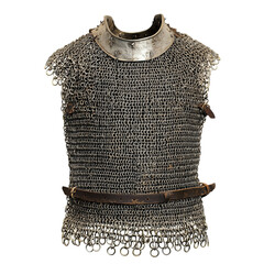 Medieval chainmail armor shirt with metal collar and leather straps, isolated on a transparent background.