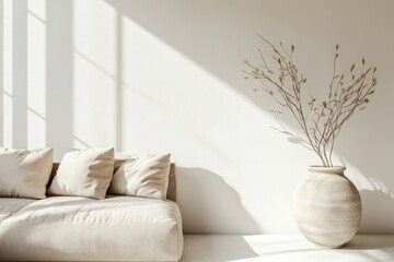 A serene, minimalist living room with a neutral color palette featuring a taupe accent wall