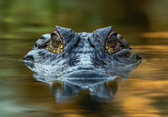 Obraz premium Close-Up of Alligator Eyes Emerging from Calm Waters with Reflections of Nature in Background Illustrating Wildlife's Intriguing Habitats and Behaviors