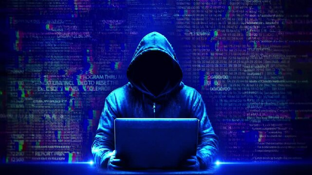 Anonymous Man Without Face Hacking System Digital Virtual Script Texts Numbers Flying Hacker Attack Concept. Dark web darknet fraud. Cryptocurrency bitcoin Cybersecurity social network data protection