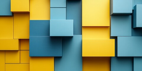 Abstract arrangement of blue and yellow rectangles creates a pattern