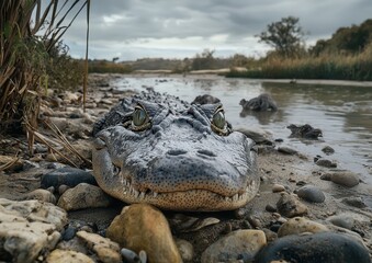 Fototapeta premium Close-up of Alligator Eyes on Riverbank Surrounded by Stones and Blurred Background of Water and Nature Under Overcast Sky