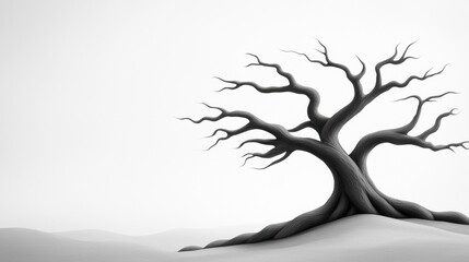 Fototapeta premium A solitary, twisted tree stands against a minimalist, monochromatic background, evoking a sense of isolation and stark beauty.