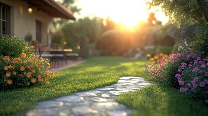 Obraz premium Sunny backyard garden pathway
