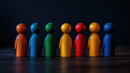 Set of small wooden figurines in a variety of colors stacked together, each one unique.