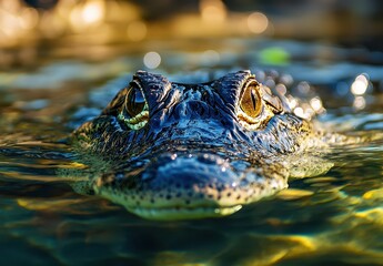 Obraz premium Close-Up of Alligator Face Emerging from Water with Ripples and Sparkling Reflections Under Bright Sunlight, Wild Nature in Natural Habitat