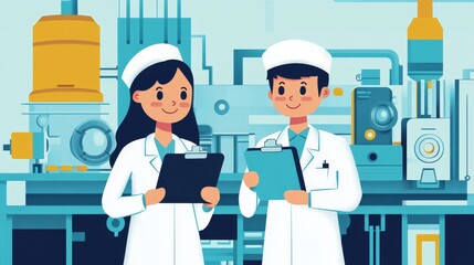 Two scientists collaborating with clipboards in a modern laboratory setting.