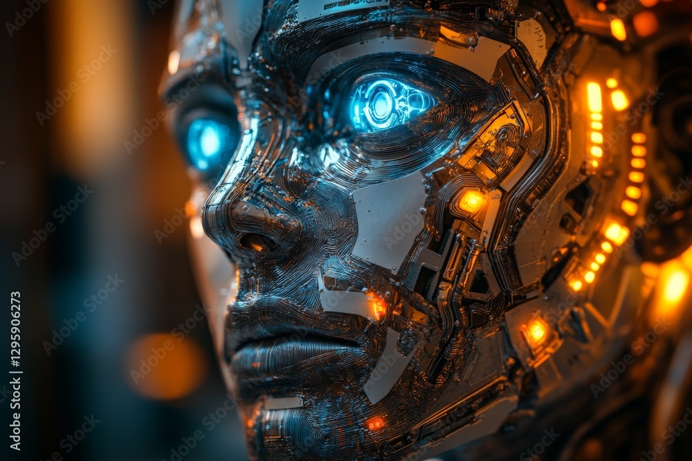 Poster futuristic robotic face illuminated by glowing circuits in a dimly lit environment