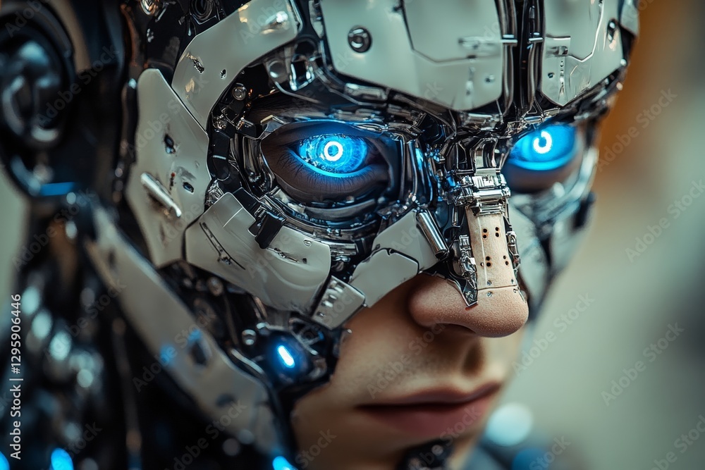 Poster robotic face with glowing blue eyes showcases advanced technology and design in a modern setting