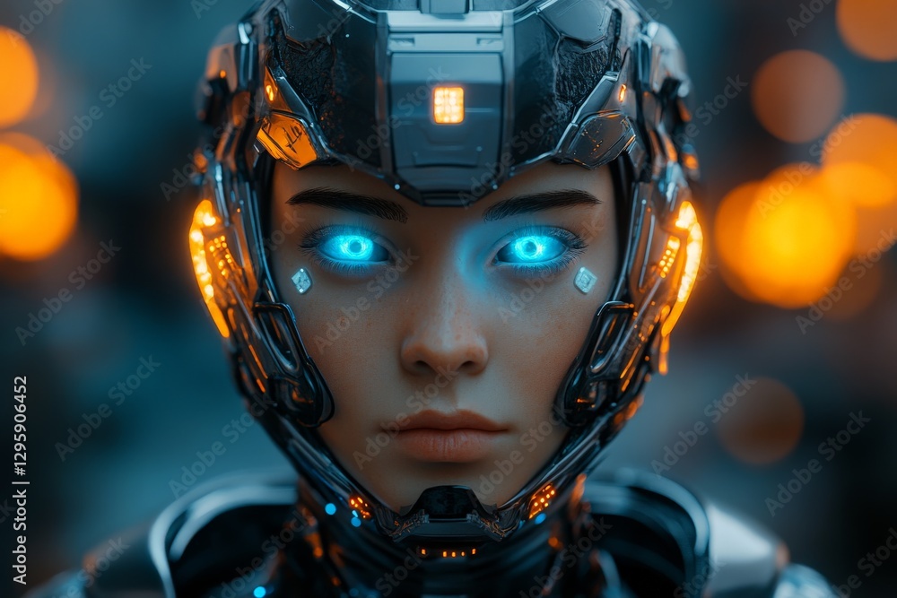 Poster Futuristic woman with glowing blue eyes and advanced robotic armor in a cyberpunk setting