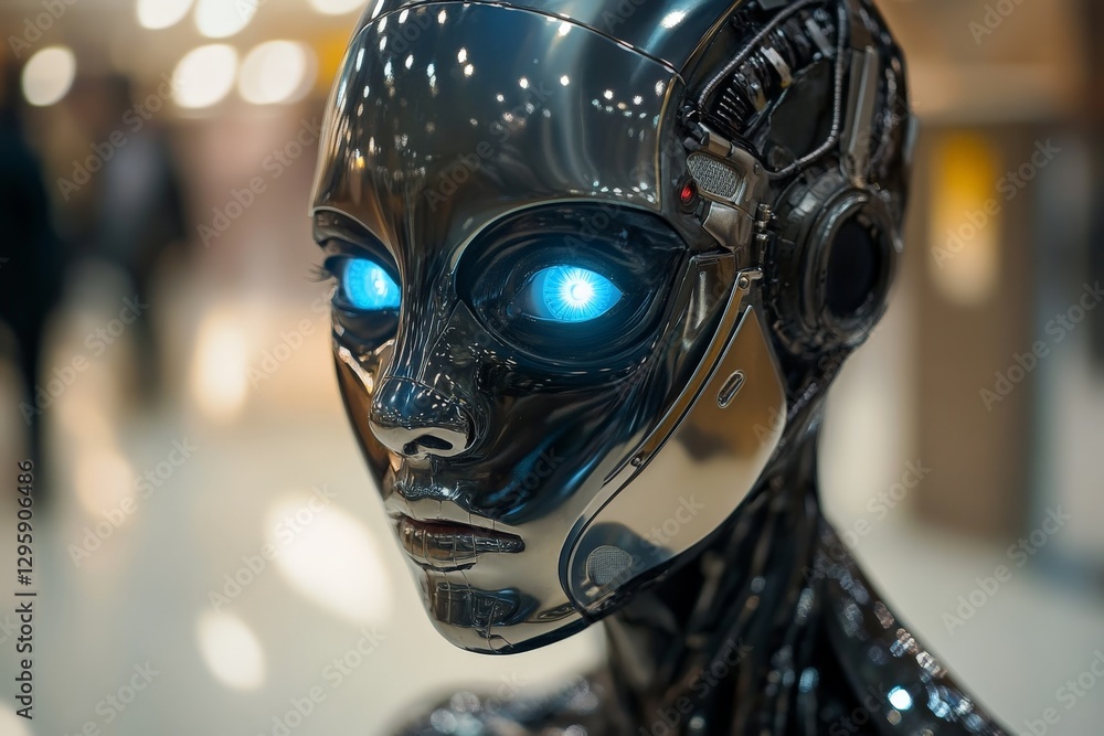 Aufkleber futuristic robot with glowing blue eyes displayed in a modern indoor setting