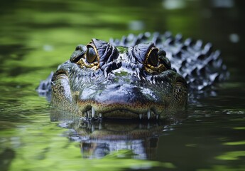 Close-Up of Alligator Head Emerging from Calm Water Surrounded by Lush Greenery in Natural Habitat