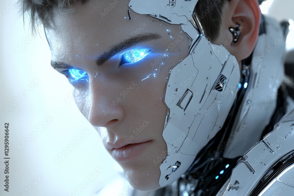 Poster futuristic android with glowing blue eyes showcases advanced technology and human-like features in a